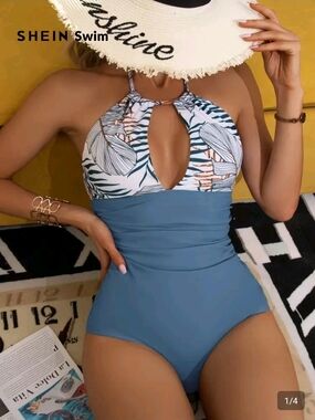 SHEIN Blue Tropical Halter Keyhole One-Piece Swimsuit